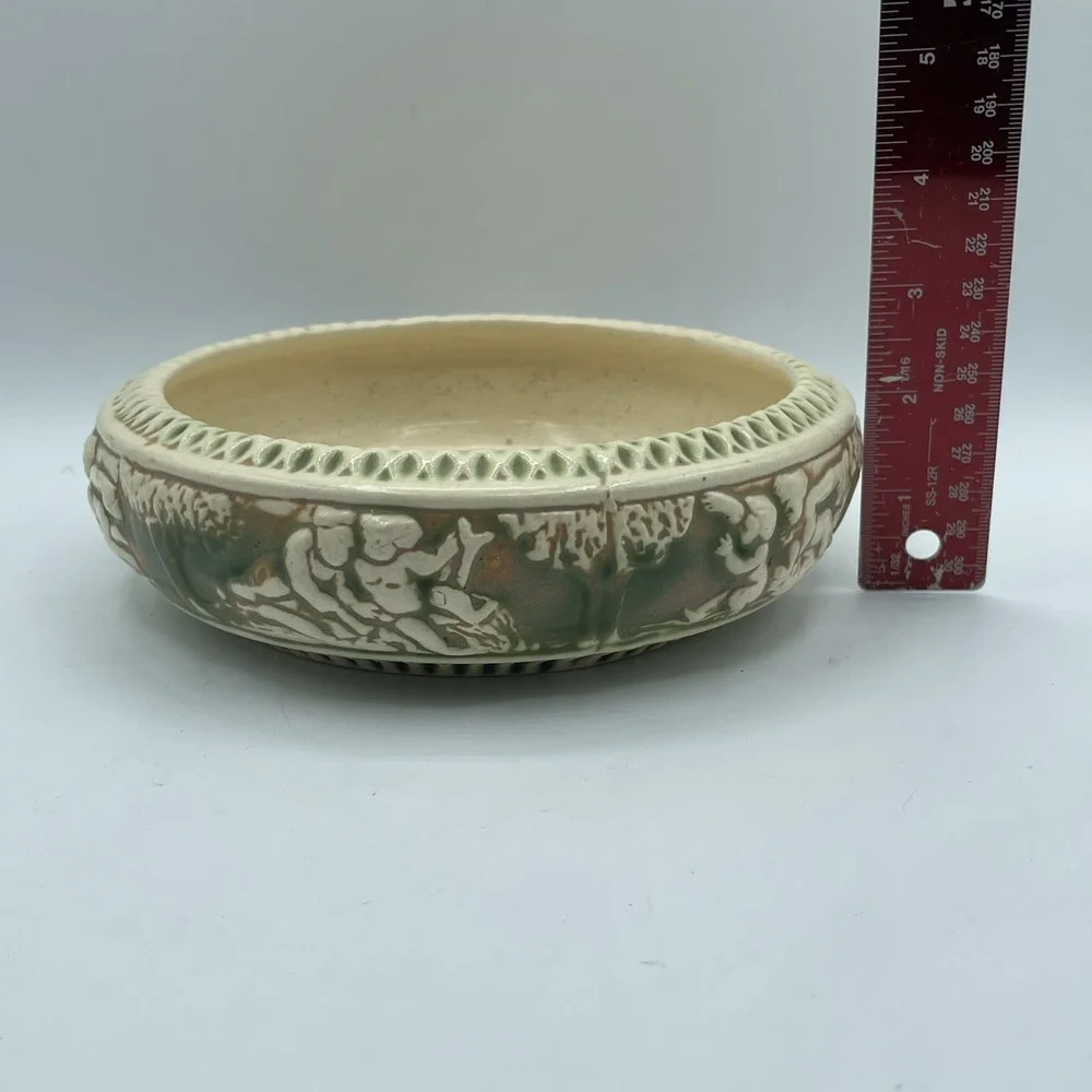 Vintage Roseville Pottery Donatello Planter,  Bowl, 1916‎ ,Cream/Green/Tan 7